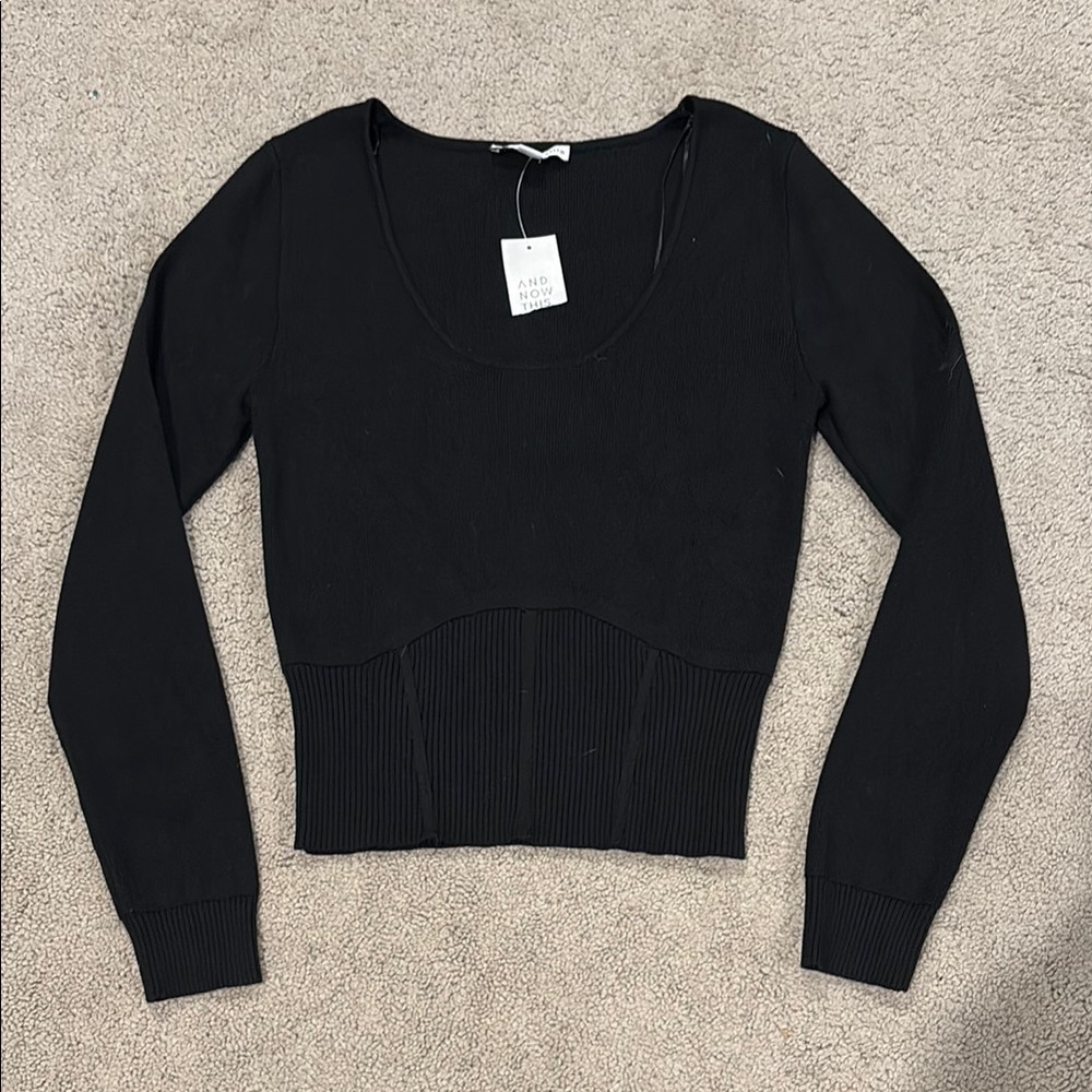New Small Scooped Neck Black Ribbed Sweater Minimalist Capsule Waist Defining